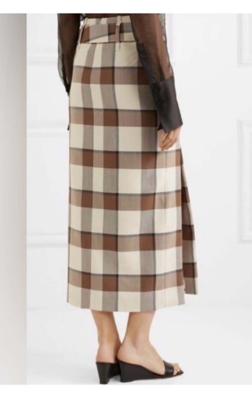 Staud Women’s 10 Maxi Midi Skirt Plaid Brown Cream Slit Straight Long Wool - Picture 2 of 9